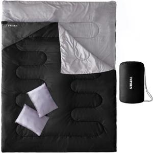 Tuphen Double Sleeping Bag, Sleeping Bag with 2 Pillows, Queen Size XL Bag for 2 People, Cold Warm Weather- 3 Seasons, Waterproof Adults for Camping, Backpacking or Hiking (Black Grey)