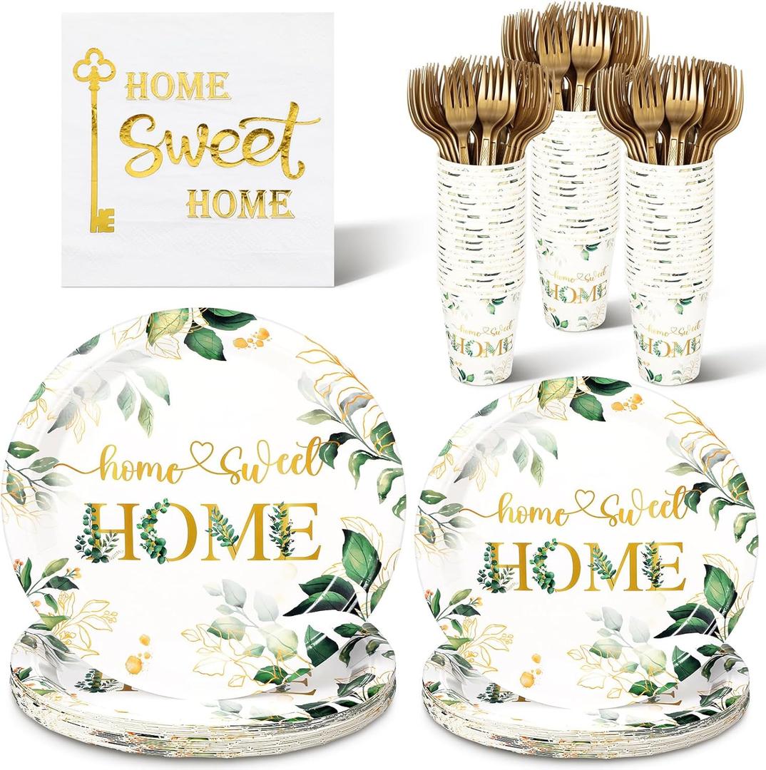 Zubebe 120 Pcs Housewarming Party Tableware Home Sweet Home Plates and Napkins Disposable Sets Rustic Leaves Floral House Warming for New House Wedding Party Supplies Serve 24 Guests(Classic Style)