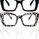 REAVEE Oversized Square Reading Glasses Oprah Style for Women, Blue Light Blocking Large Frame Computer Readers Spring Hinge (Black/Transparent Tortoise/Clear)