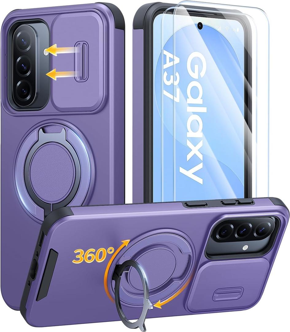 JAME for Samsung Galaxy A37/A36/A56 5G Case, Ring Holder Stand Kickstand, Slide Camera Cover, 2 Screen Protectors, Dual-Layer Shockproof Protective, Magnetic Accessory Friendly Phone Case, Purple