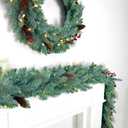 9FT Pre-lit Blue Spruce Artificial Christmas Garland with Red Berries and Pine Cones, 50 Warm White LED Lights, Battery Operated with Timer, Classic Holiday Decoration