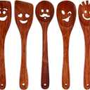 HANSGO 5PCS Wooden Cooking Spoons, Funny Wooden Utensil Set Wood Spatulas with Smile Faces Cute Kitchen Accessories, Best Cooking Gifts for Housewarming Wedding Holidays