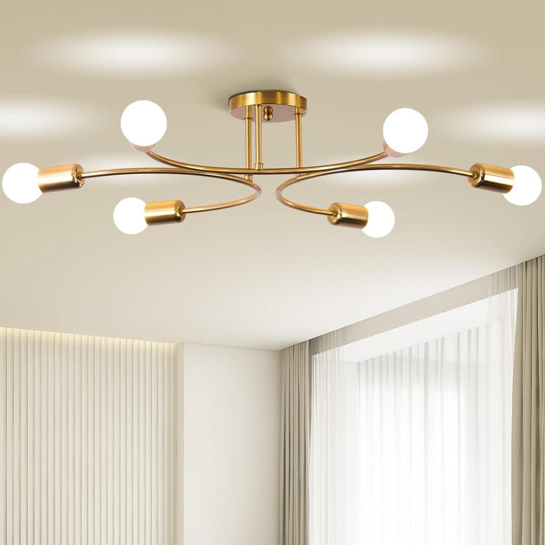 FRIXCHUR 6-Light Sputnik Chandelier, Gold Mid-Century Modern Semi Flush Mount Ceiling Light, Metal Fixture with E26 Sockets for Bedroom, Living Room, Kitchen (Bulbs Not Included)