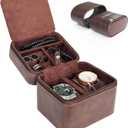 TSA-Friendly 2 Slot Watch Travel Case for Men, (Fits 7-8" Wrists) Carry-On Ready with Removable Pillows & Airplane Protection, Leather Jewelry Organizer for Wristwatches, Rings, Cufflinks (Brown)