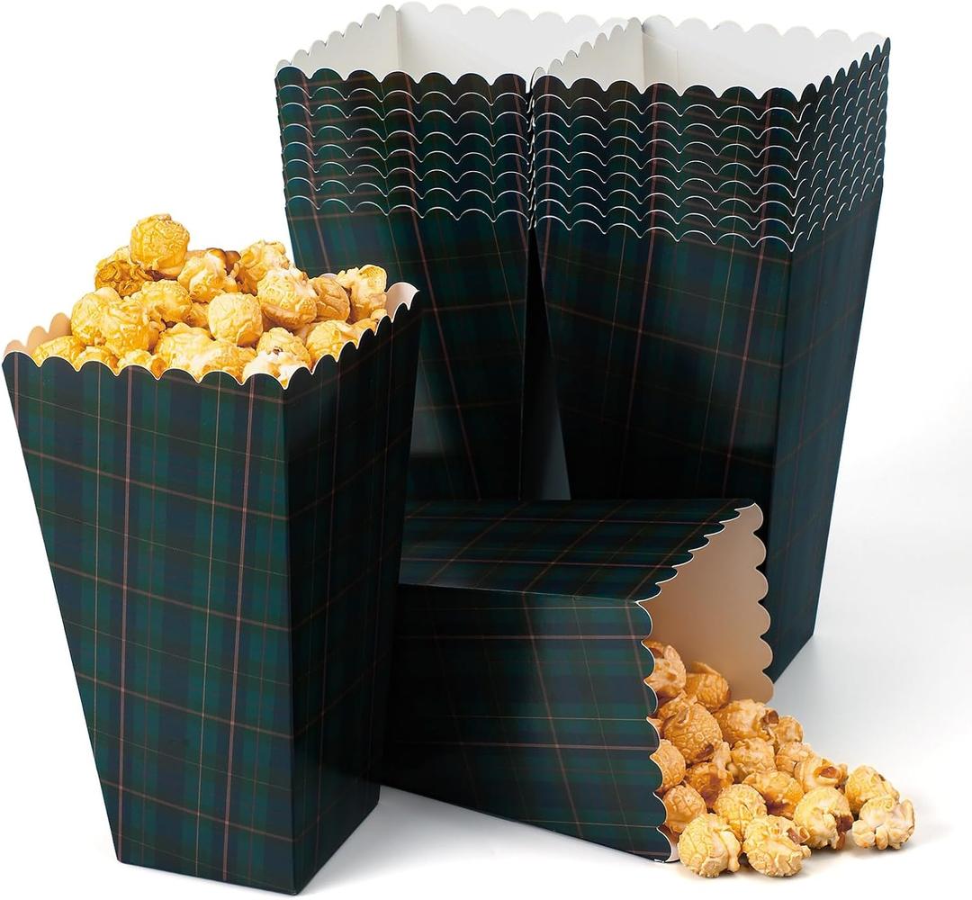 100 Pcs Tartan Plaids Popcorn Boxes Bulk Green Blue Tartan Paper Popcorn Buckets 7.8 x 4 Inch Vintage Bear Baby Shower Decorations for Movie Night Theater Carnival Birthday Party Supplies