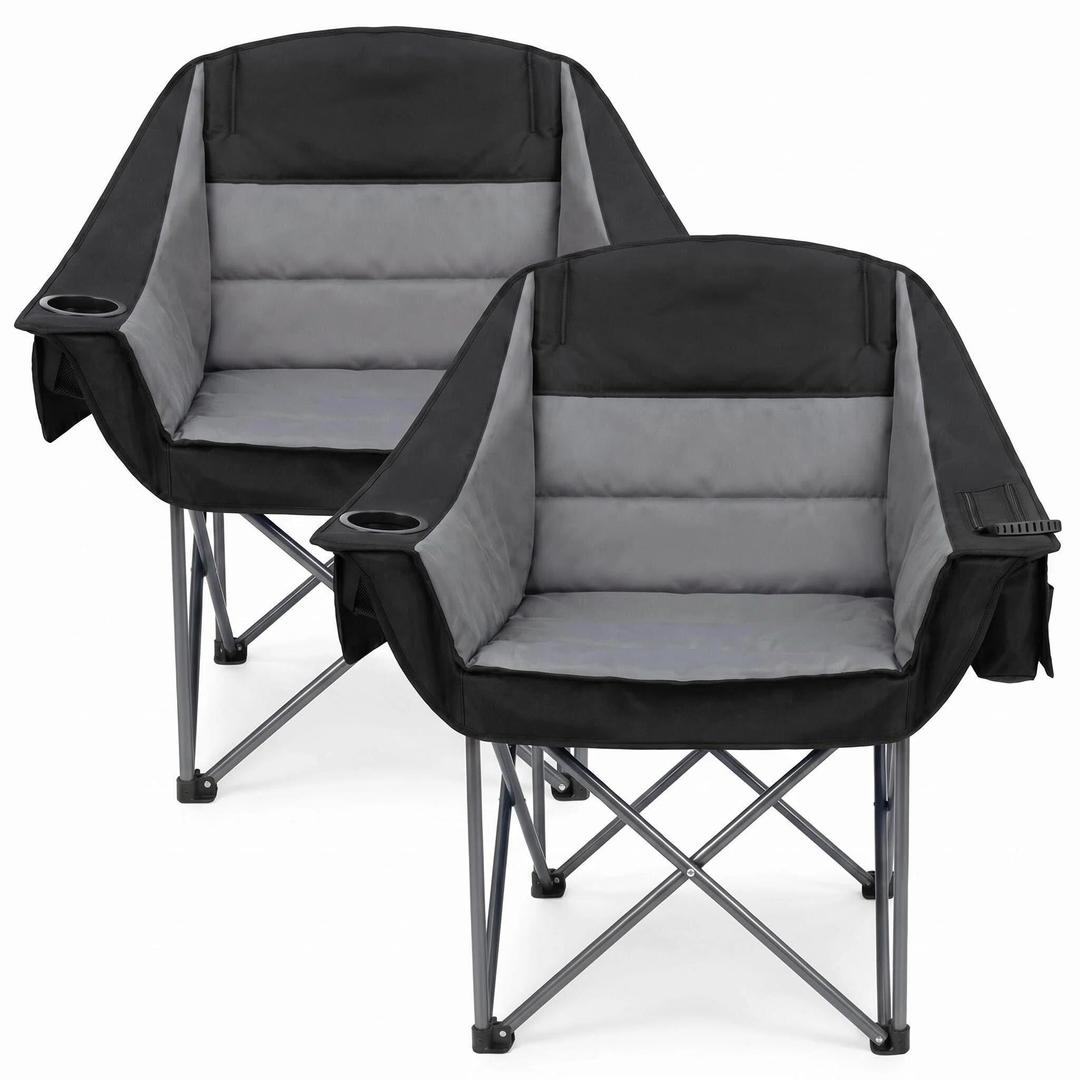Oversized Heavy Duty Camping Chair for Adults, 500 lbs Capacity Padded Folding Chair with Side Cooler Bag, Cup Holder & Storage Pockets, Portable Lawn Chair for Fishing, Beach, Picnic & Sports-2PCS