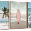 Beach Seascape Pink Surfboard Framed Canvas Wall Art Set, Palm Tree Nature Wall Decor Coastal Ocean Landscape Print for Bedroom Living Room Bathroom 3 Panels, 16x24 Inch - Ready to Hang