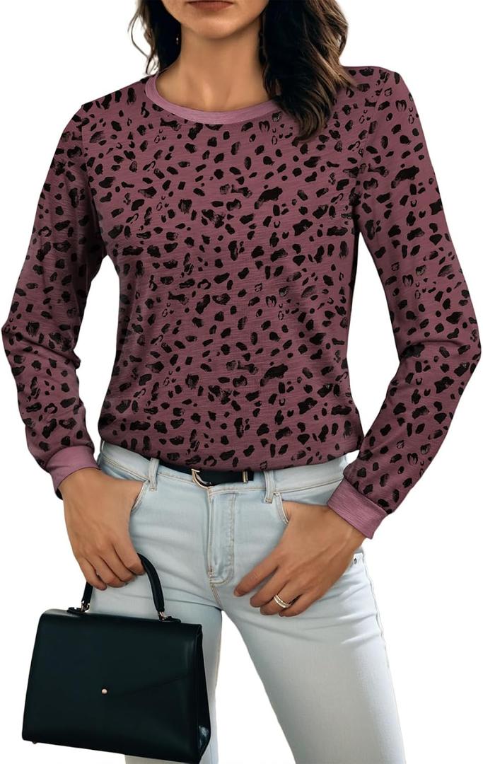 BLENCOT Long Sleeve Tops for Women Crewneck Leopard Print Casual Blouse Trendy Fall Sweatshirt Graphic Tunic Winter Clothing (Pink, L)