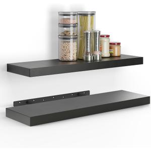BATODA Set of 2 24" Acacia Floating Shelves Wall Mounted for Bathroom  Rustic Farmhouse Wooden Wall Storage Shelf Bedroom, Kitchen, Home Dcor - Brackets and Shelving Mounting (Black, 24 Inch)