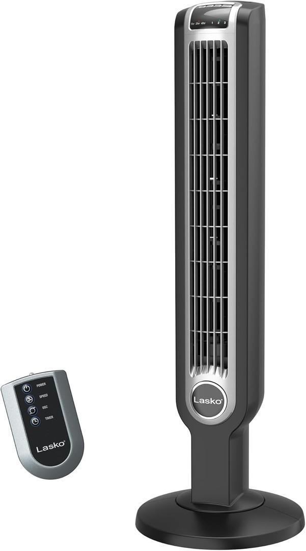 Lasko Oscillating Tower Fan with Remote Control, 3 Quiet Speeds, Timer for Bedroom, Kitchen, Office Use, Black, 36" 2511
