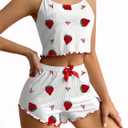 UNIQUEONE Cute Pajamas for Women Strawberry Print PJ Set Crop Cami Tops and Shorts Set 2 Piece Lounge Sets (Medium, White)