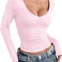 SOLY HUX Women's Ruched Tops V Neck Long Sleeve Tee Slim Fitted Dressy Casual T Shirts (Pink, M)