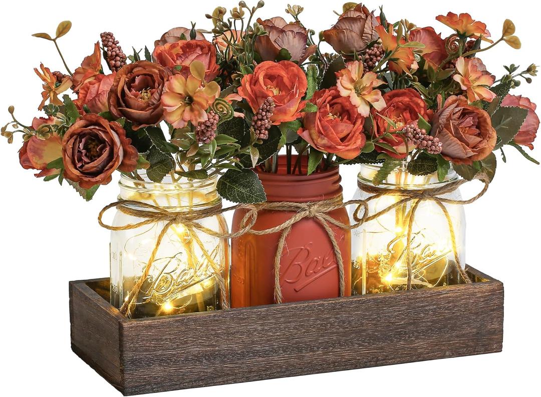 3 Pcs Mason Jar Centerpiece Table Decorations for Dining Table Decor Farmhouse Coffee Table Decor with Wood Tray and Led Light Table Centerpieces for Dining room Kitchen Living Bathroom, Orange