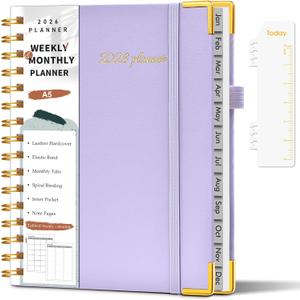 2026 Planner, Weekly and Monthly Calendar Planner from January 2026 - December 2026, 5.75" x 8.38" Hardcover Leather Hourly Appointment Book with Tabs, A5 Spiral Daily Planners for College School Work Home, Purple