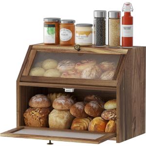 STDDRE Bread Box for Kitchen Countertop Large Double-Layer Wooden Corner Bread Box Farmhouse Bread Storage Bin Acacia Wood (Brown, Large)