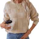 BAKANO Womens Casual Sweaters Long Sleeve Crew Neck Crochet Pullover Sweater Top (Large, Apricot)