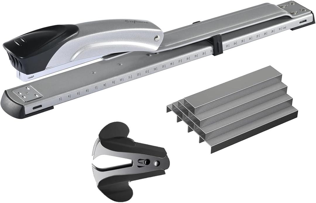 Long Reach Stapler,with 2000 Staples & Stapler Remover Full Strip20-25 Sheet Capacity,with Built-in Ruler and Adjustable Locking Paper Guide, Silvery