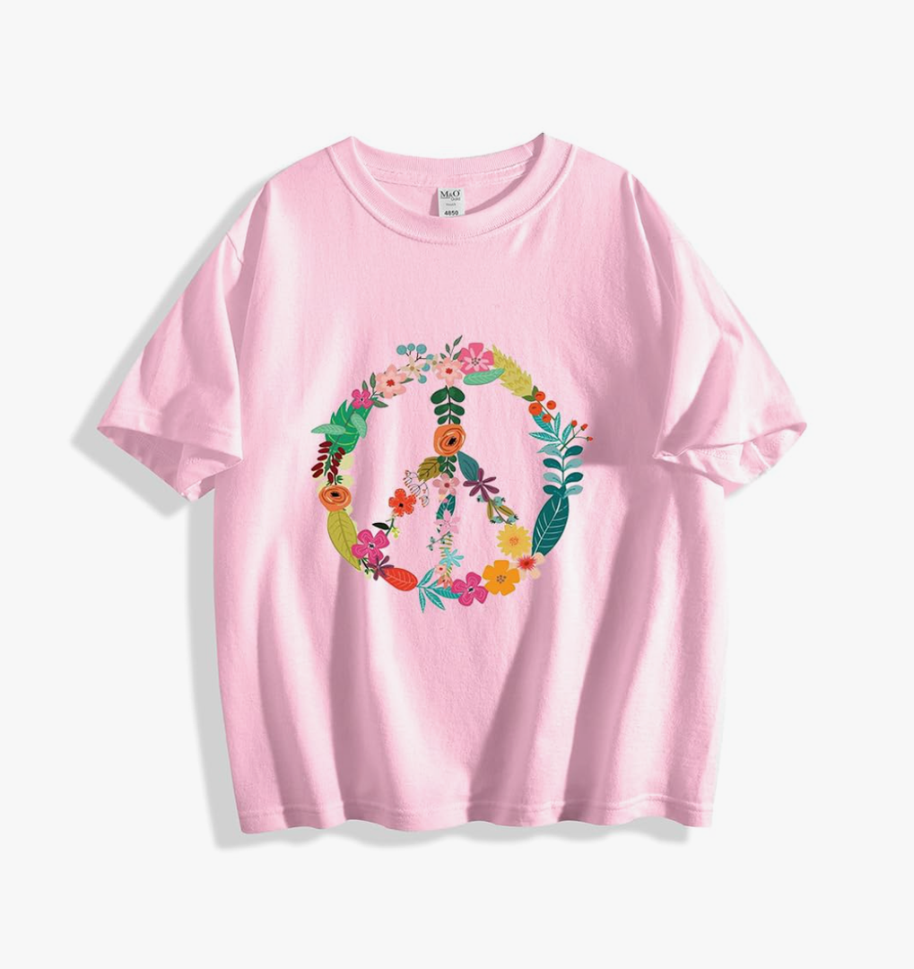 Flower Peace Sign T Shirts Cute Boy Girl Kids Short Sleeve Cotton Tees Female 3XL