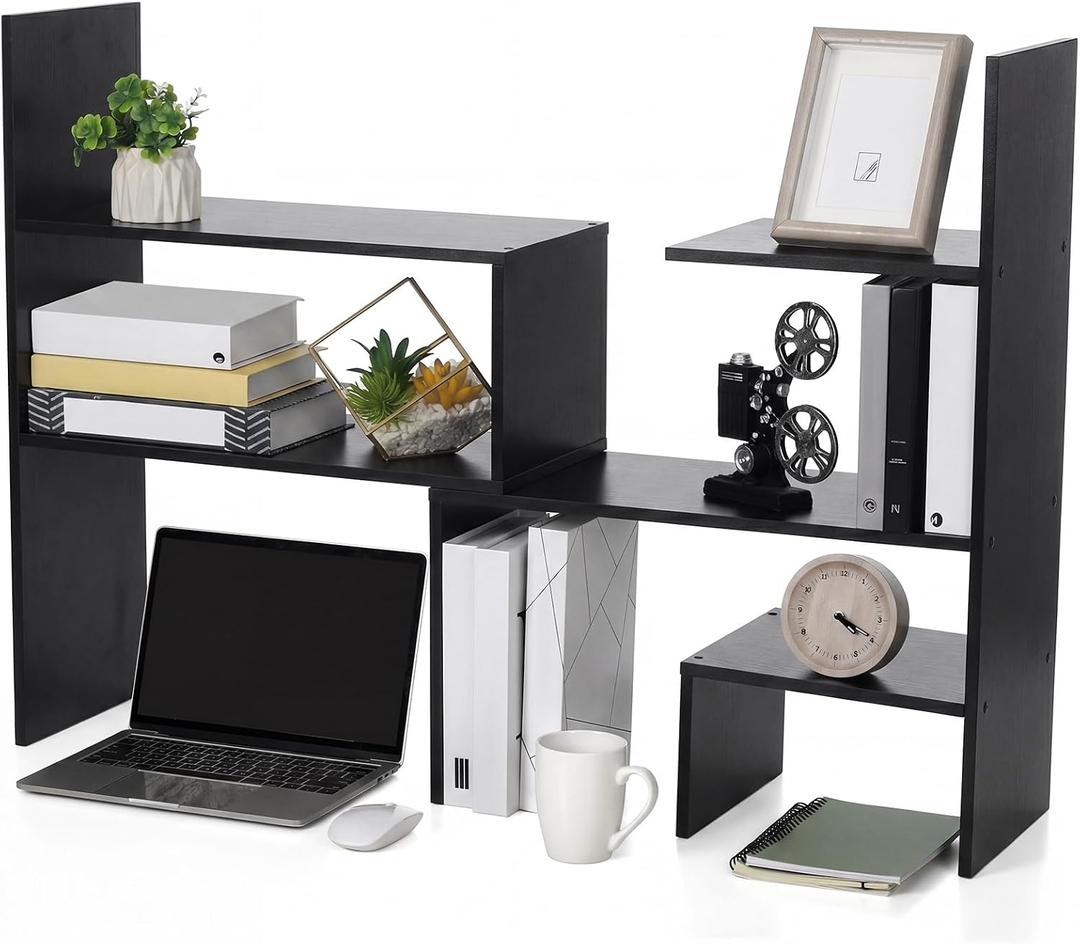 Briwooody Expandable Dorm Desk Hutch Adjustable Desktop Bookshelf,Black, 9.5 x 40 x 28 inch