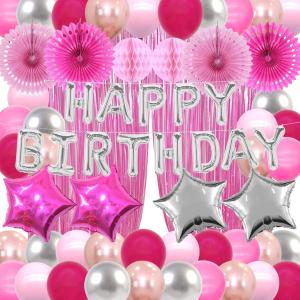 Pink Birthday Decorations Hot Pink Party Supplies Silver Happy Birthday Banner Pink Rose Gold Balloons Foil Fringe Curtain Bday Decor Women Girls 