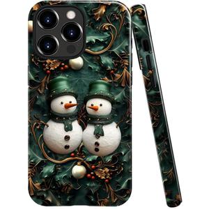 Case Compatible with iPhone 13 Pro Max,Glossy Hybrid 2-Layer Hard Shell,Shockproof Soft for Girl Women,Vintage Christmas Snowman Green Leaf