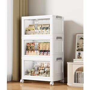 Hanyi 105 QT Stackable Storage Bins with Lids, 3 Tier Collapsible Plastic Storage Cabinet with Magnetic Doors, Removable Top Lid, Locking Wheels, Closet Organizer for Bedroom, Pantry, Office