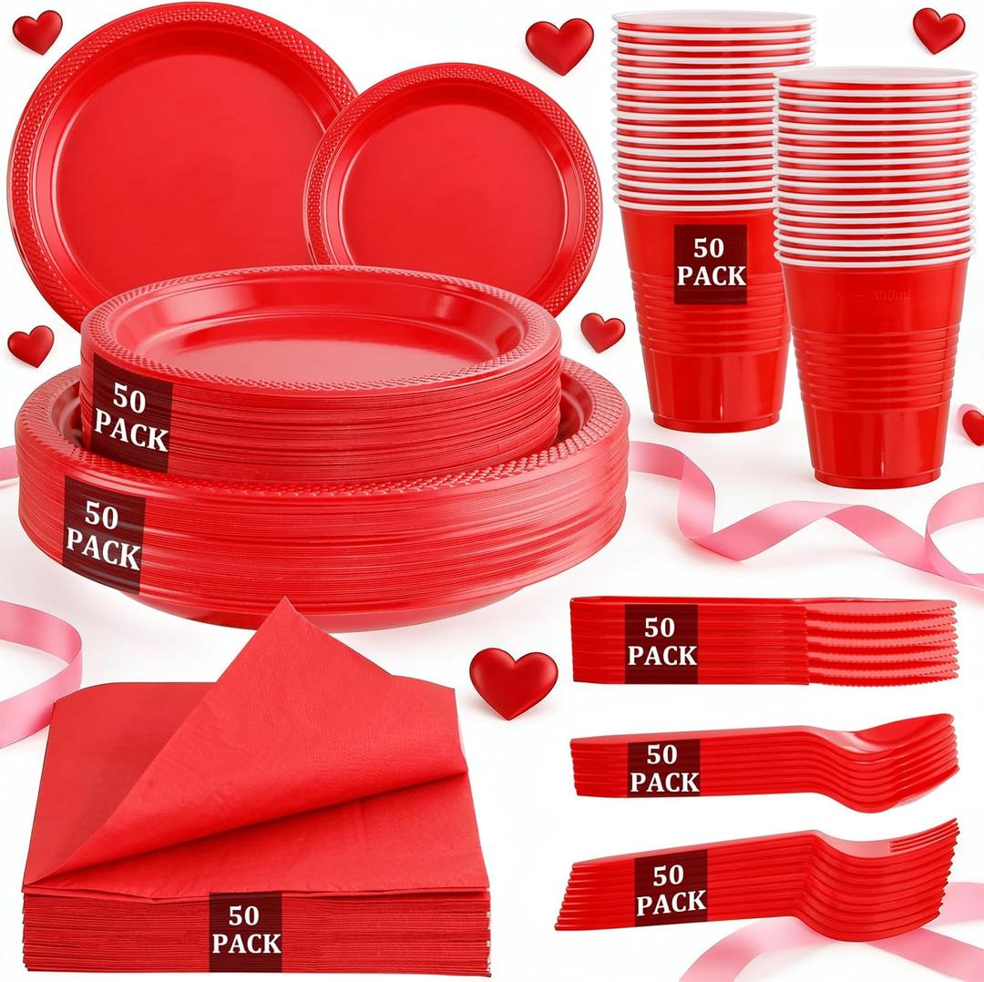 MirthMood 350PCS Red Disposable Plastic Plates,Red Dinnerware Set Includes 50 Dinner Plates, 50 Salad Plates, 50 Sets of Silverware, 50 Napkins and 50Pcs 12OZ Plastic Cups