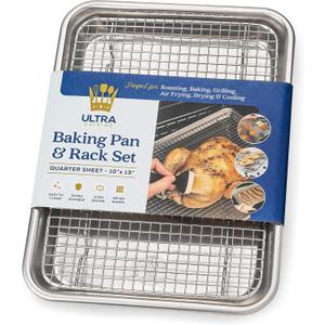Ultra Cuisine Quarter Sheet Pan with Wire Rack Set - Includes Premium Aluminum Baking Sheet with 100% Stainless Steel Baking Rack, Dishwasher Safe Cookie Cooling Racks with 1/4 Pan Commercial Quality