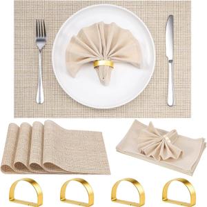 4 Set Beige Placemats, Gold Napkin Rings with Dinner Napkins Cloth, Heat Resistant Non-Slip Place Mats for Dining Table, Washable Durable PVC Vinyl Woven Table Mats for Plates Wedding