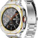 BAITEYOU Stainless Steel Bands with Case Compatible with Samsung Galaxy Watch Ultra 2/1 47mm (2025 2024), Rugged Protector Cover Metal Band for Galaxy Watch 7 8 Ultra for Men (Silver & Gold)