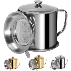 Tellshun Bacon Grease Container with Strainer 1.25 L / 42 oz Strong Kitchen Catcher Food-grade Stainless Steel Cooking Oil Keeper with Lid and Easy-Grip Handle Suitable for Storing Frying Oil