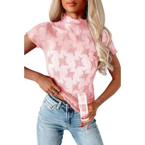 Women's Floral Sheer Mesh Lace Tops Mock Neck Short Sleeve Shirt Sexy See Through Top Y2k Blouses (XXL)
