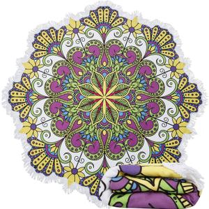 Violet Mist Mandala Round Beach Towel Blanket, Oversized Circle Microfiber Hippie Boho Bohemian Sandproof Flower Towel, Soft 60 inch Beach Towels with Tassels for Women Adult Swim Pool Yoga, Yellow
