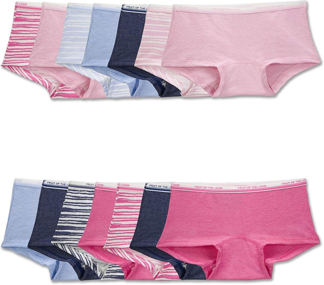 Fruit of the Loom Girls' Cotton Boyshort Underwear (10, 14 Pack - Fashion Assorted)