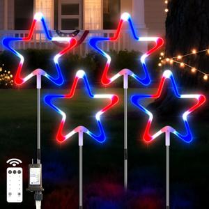 4th of July Decorations Red White and Blue Light, 4PCS Big LED Neon Star Pathway Lights Outdoor, Patriotic Garden Stake Lights with 8 Modes Waterproof for Independence Day Yard Lawn Decor