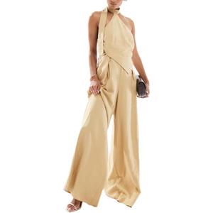 Wuitrie 2 Piece Sets for Women Going Out Tie Up Backless Halter Tops Wide Leg High Waisted Pants Business Casual Work Outfits (Yellow, L)