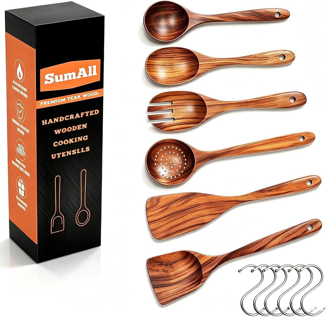 6 PCs Teak Wooden Utensil Set with Hooks, Wooden Spoons for Cooking, Wood Cooking Utensils Set, Comfort Grip, Non Stick Cookware, Easy to Clean, Kitchen Stuff, Wood Spatula