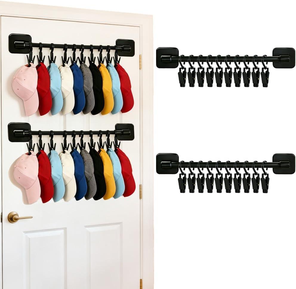2 Pack Hat Hanger for Door, Wall Hat Storage Organizer Rack with 20 Clips for Baseball Cap, Black Hat Holder Wall-Mounted Caps Display with Strong Adhesive for Closet Bedroom Entryroom Laundry