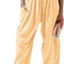 TARSE Womens Linen Wide Leg Striped Pants Casual Barrel Palazzo Harem Pants Gingham Pants, Loose Fit Drawstring Baggy Pants, Side Pockets, Lounge Pants, Beach Travel Vacation Trousers, Small
