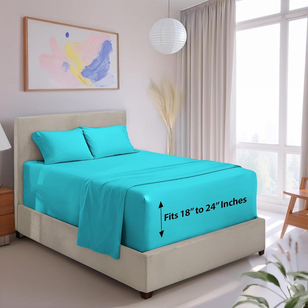 Hearth & Harbor Extra Deep Pocket Queen Size Sheet Set - 4 Piece Ultra Soft & Breathable Bed Sheets Set - Fits Up to 24" Mattress - Hotel Luxury Bed Sheet Set, Bright Blue