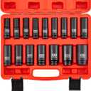 1/2 Inch Drive Impact 16 PCS Hex Socket Set,Metric Deep (10-32mm) Sockets,6 Point Radius Corner Design,CR-MO Alloy Steel,Square Chamfered Opening,Axle Nut Socket For Auto Repair