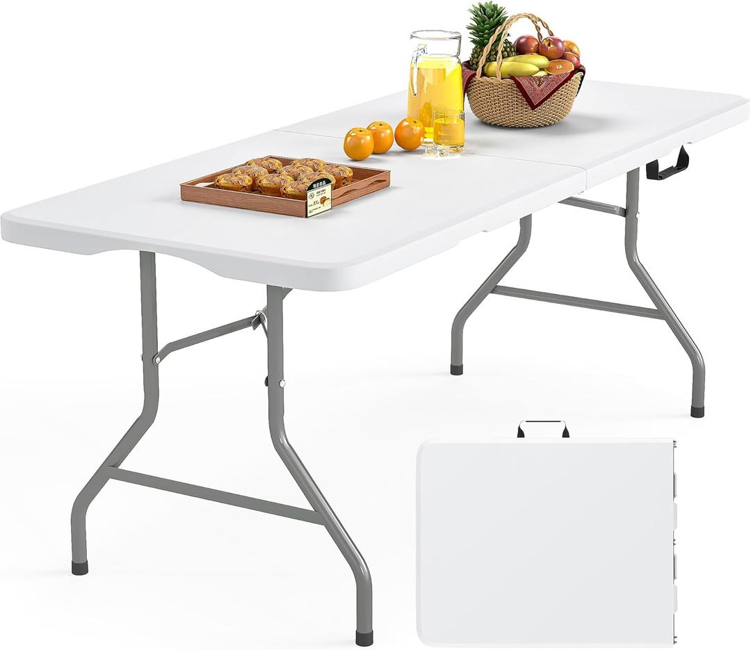 6FT Folding Table Heavy Duty Portable HDPE Plastic Table 350lbs Capacity Fold in Half Design with Handle Waterproof Surface for Indoor Outdoor Picnic Camping Events (New Upgrade-White, 6FT)