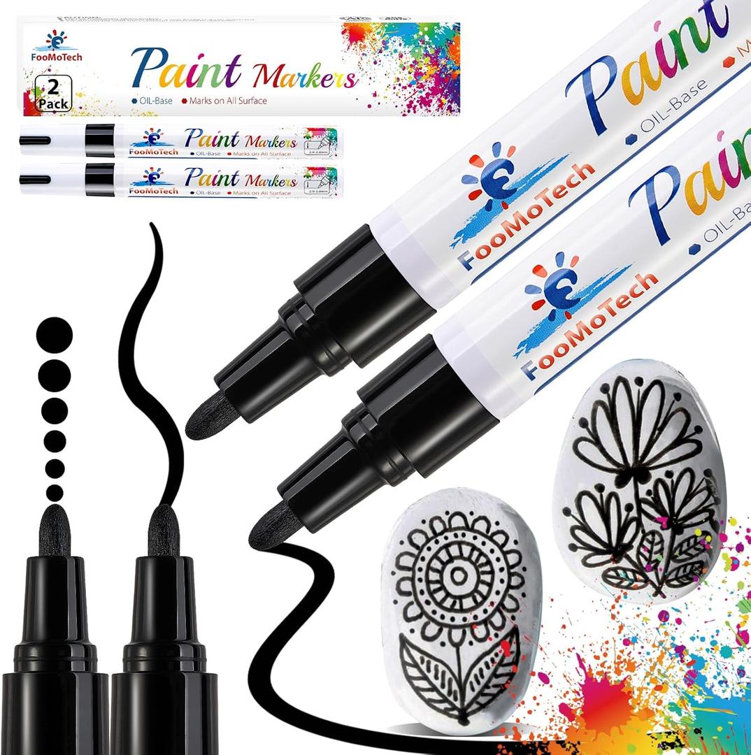 Black Paint Water Based Markers - Permanent Acrylic Markers, Medium Tip, Quick Dry, Waterproof for Rock, Fabric, Metal, Wood, Plastic, Canvas, Leather, Glass (Black - 2 Pens)