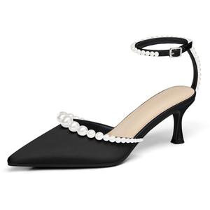 Coutgo Womens Pearl Kitten Heels Closed Pointed Toe Wedding Bride Dress Shoes Ankle Strap Satin Pumps, Black, Size 7