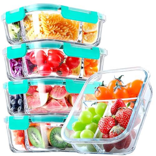 VERONES 5 Pack Glass Meal Prep Containers 3 Compartment Set, 36OZ Airtight Glass Lunch Containers, Glass Food Storage Containers with Lids, for Microwave, Oven, Freezer & Dishwasher Friendly,Green