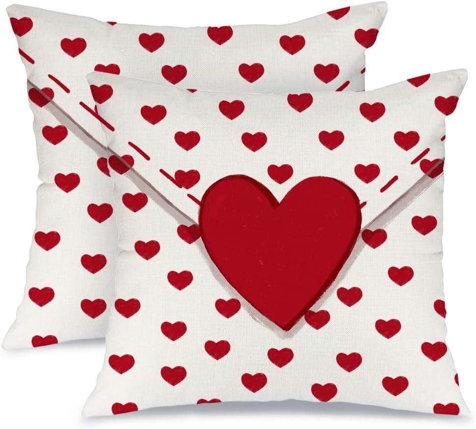 AACORS Valentine's Day Pillow Covers 18X18 Set of 2,Love Heart Decorations Holiday Farmhouse Decorative Pillow Case for Sofa Couch (White)