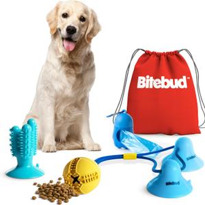 Double Suction Cup Dog Toys Set For Aggressive Chewers 100% Rubber (3 In 1), Teeth Cleaning Toothbrush Toy Stops Plaque & Tarter, Cherry Blossom Waste Bag Dispenser Bonus, Tug Of War Toy For Dog's IQ