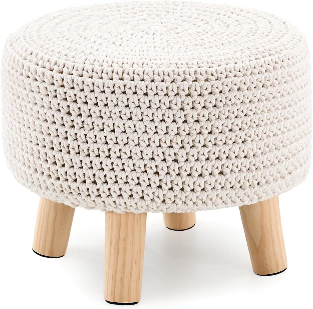 Boho Ottoman Foot Stool Cotton Knitted Round Pouf Ottoman Foot Rest Stool with Non-Skid Wooden Legs Step Stool Padded Seat for Living Room White (13"D x 13"W x 11.3"H)