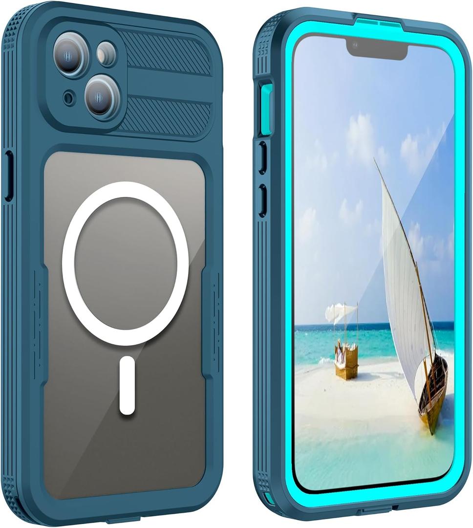 Phone Case Compatible with iPhone 15 Plus, Magnetic Waterproof DropProof DirtProof Snowproof Anti-Scratch Heavy Duty Full Body Protect Built in Screen Protector Rugged 6.7 inch (Cyan-sky blue)
