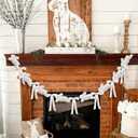 8.2ft White Flocked Easter Bunny Garland with Large Satin Bows, Handmade Rustic Farmhouse Spring Hanging Banner for Mantel, Fireplace, Wall Home Office Easter Party Decor